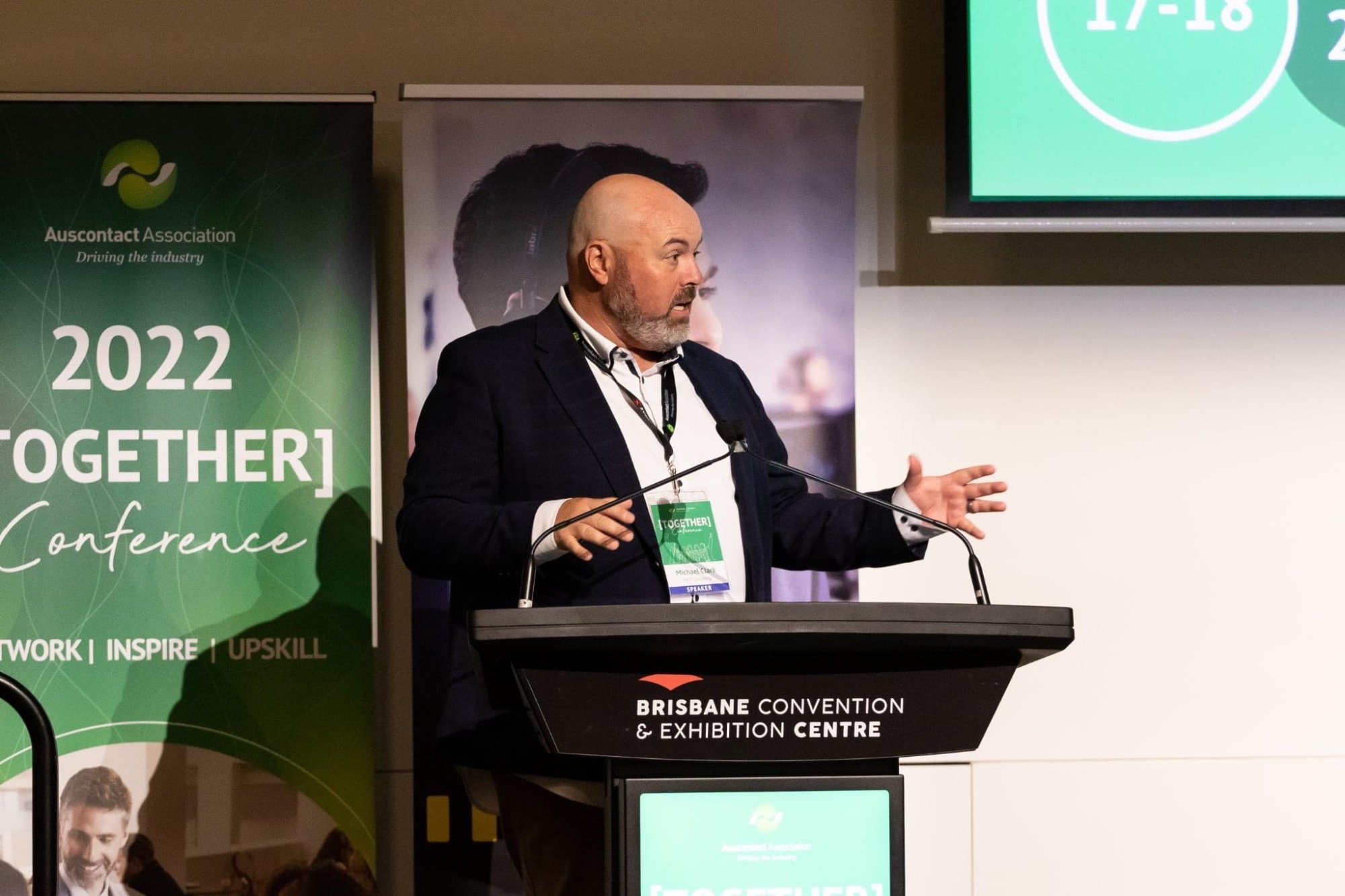 Michael Clark speaking at Auscontact National Conference, Brisbane Convention Centre